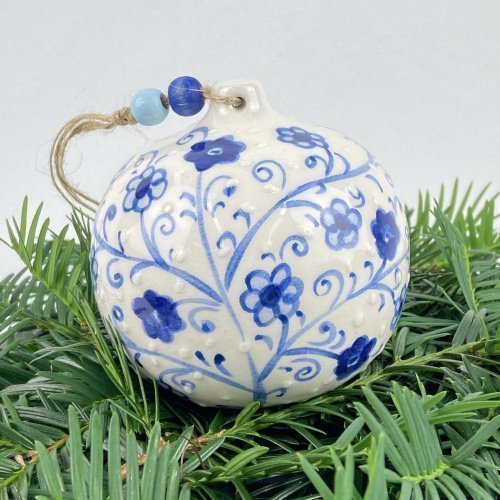 Bleu Blanc Floral Ceramic Hand Made Christmas Ornament 1