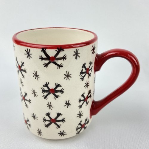 Snowflakes Red Handle Mug Hand Made Ceramic 1 Scaled