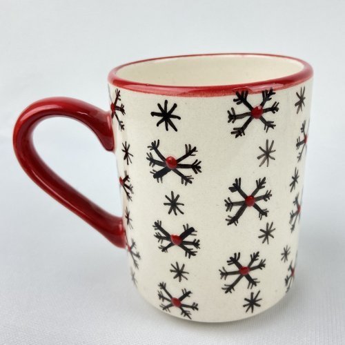 Snowflakes Red Handle Mug Hand Made Ceramic 2 Scaled